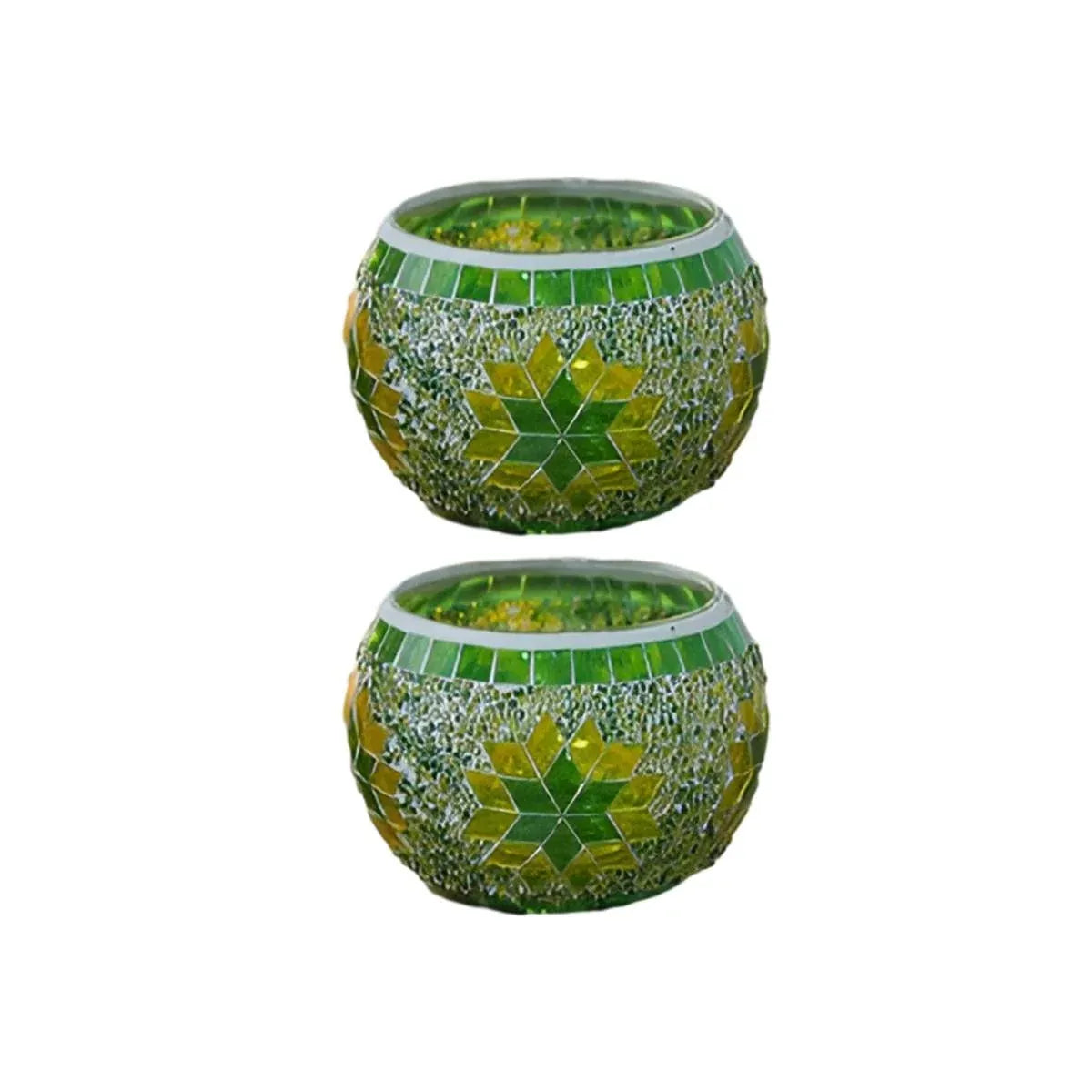 European Style Mosaic Glass Candle Holder Cups, Set of 2, Green
