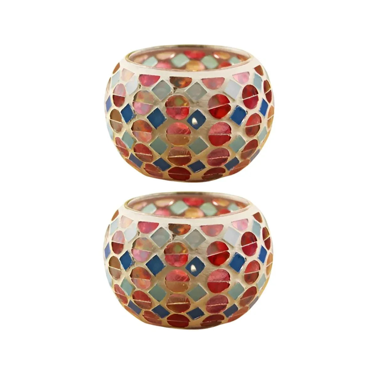 Vintage Mosaic Glass Tealight Holder Cups, Set of 2, 9 cm, Red