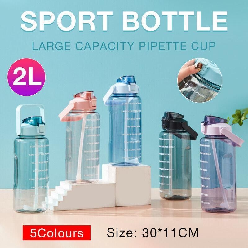 2L Water Bottle Straw Cup Motivational Drink Flask With Time