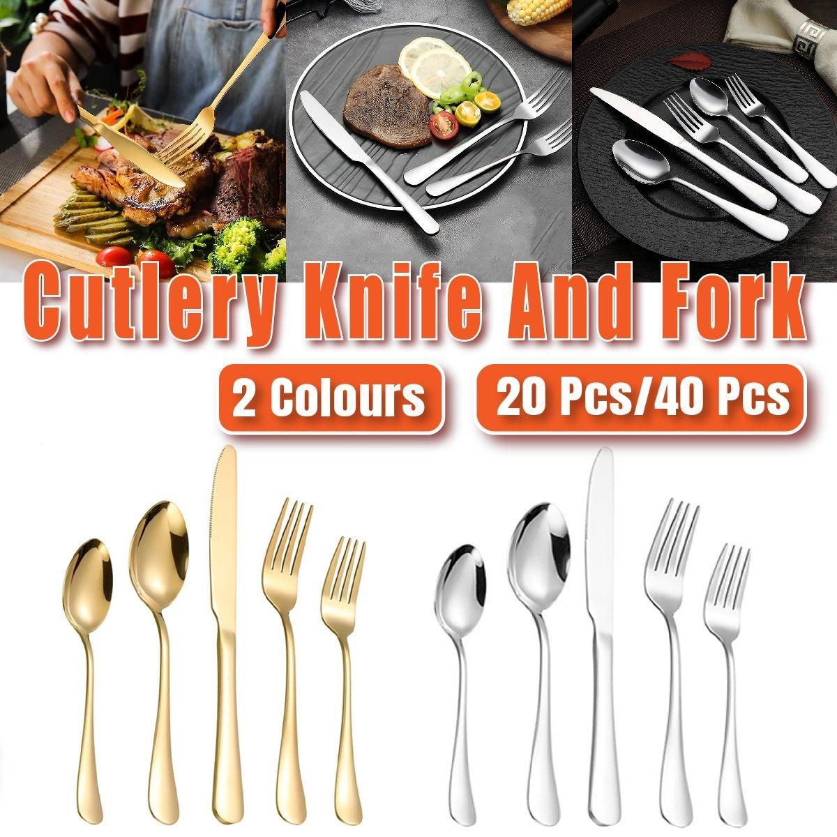 20/40pcs Stainless Steel Cutlery Set Knife Fork Spoon Western Hotel