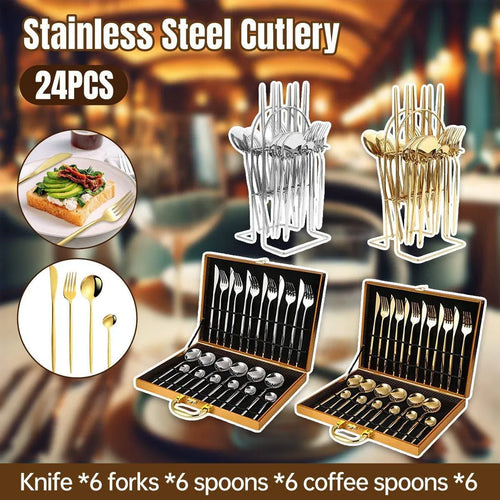 24PCS Stainless Steel Cutlery Set Knife Fork Spoon Set Durable