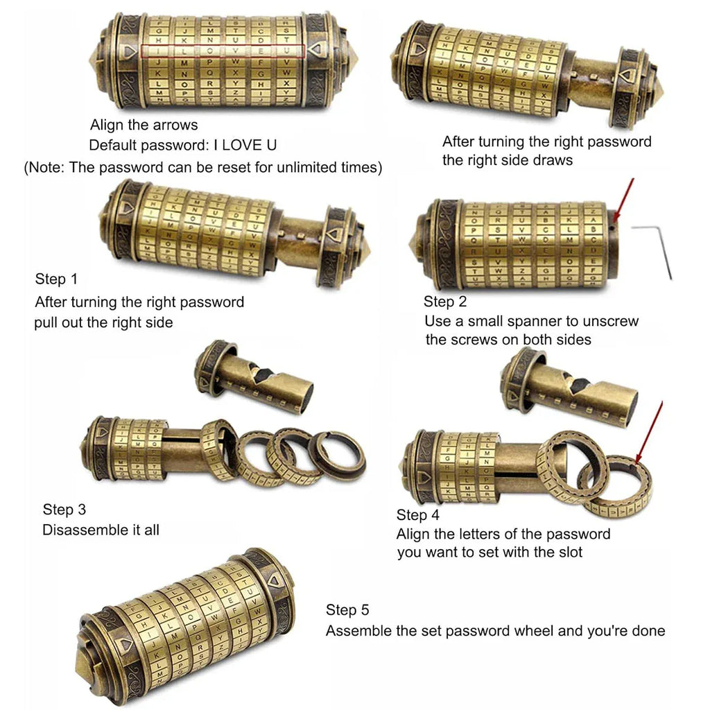 Da Vinci Code Lock Cylinder Vintage Puzzle Box Secret Compartment