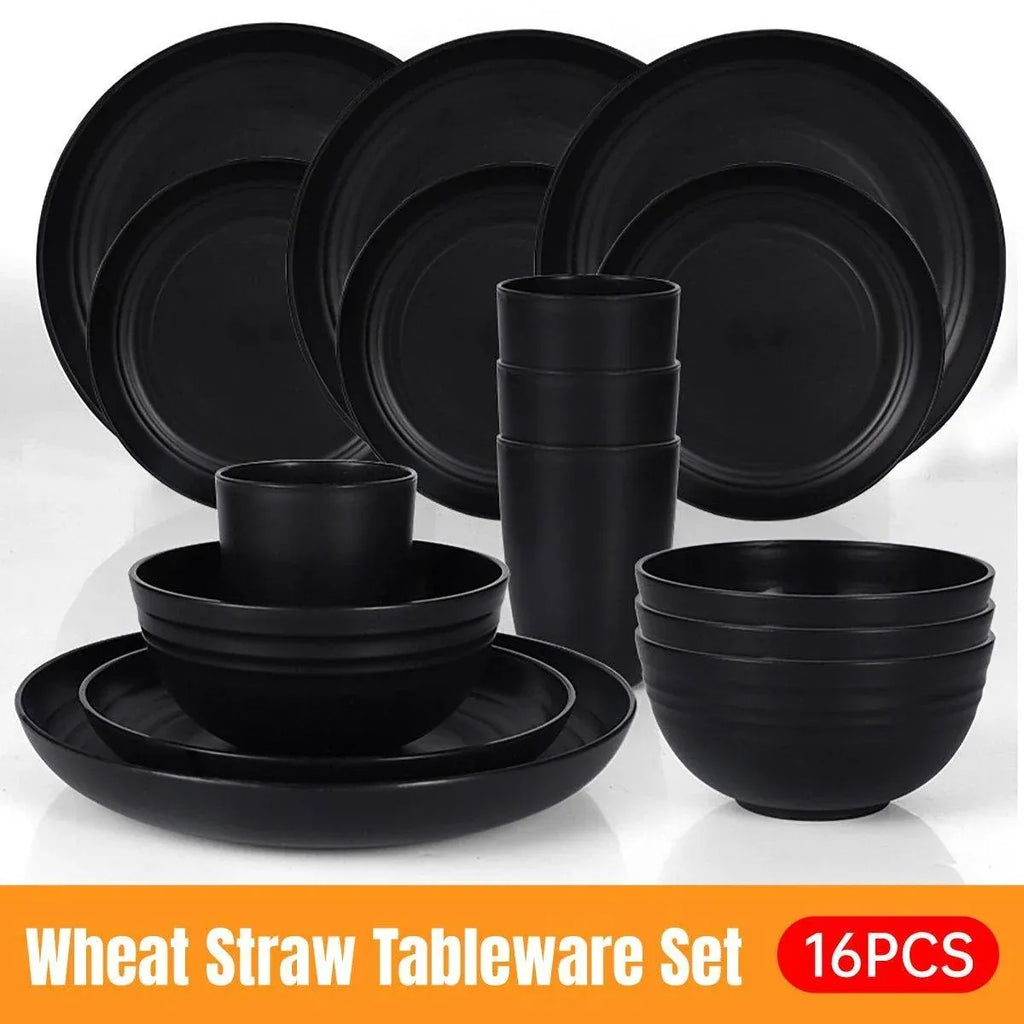 Aimall 16 Piece Wheat Straw Tableware Set, Black