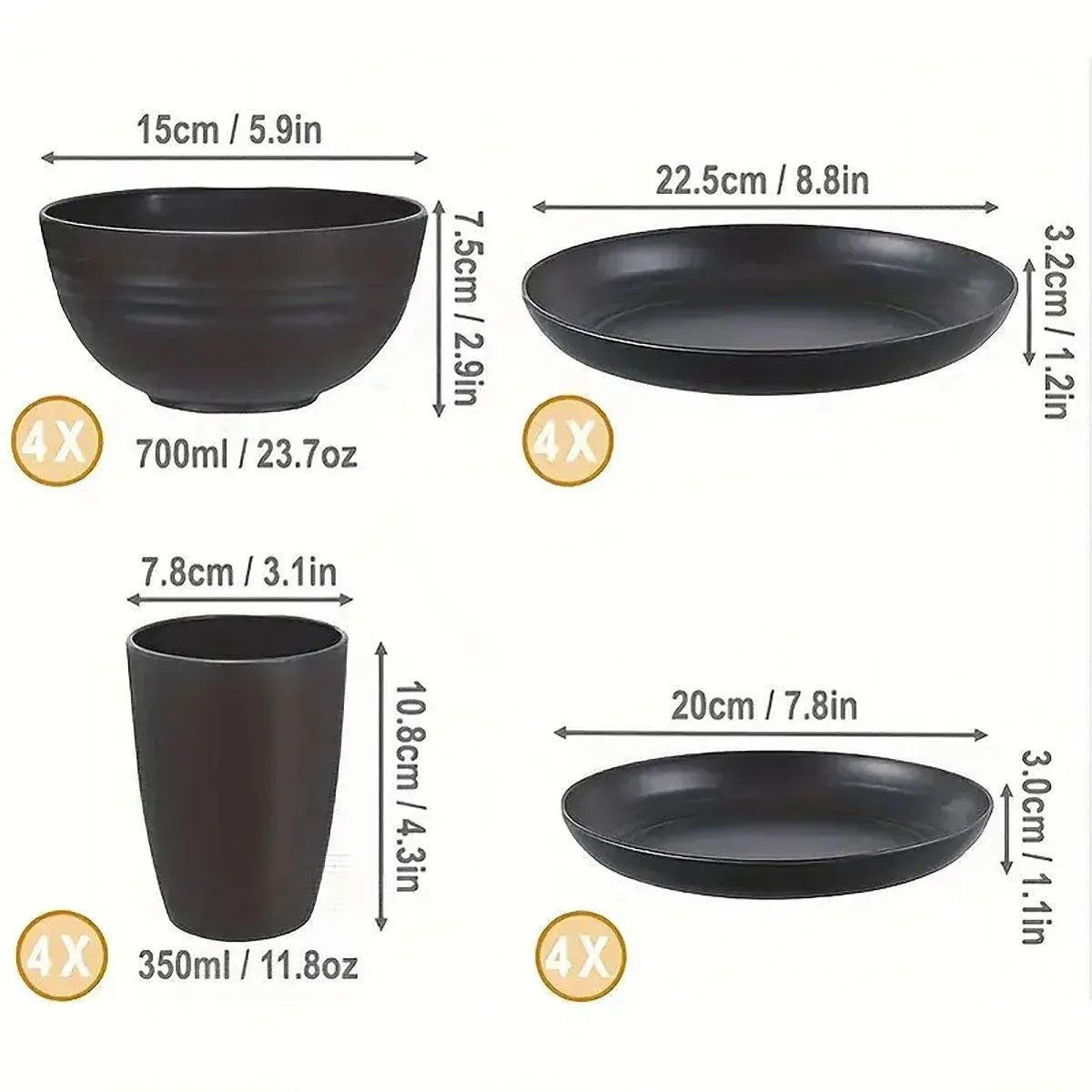 Aimall 16 Piece Wheat Straw Tableware Set, Black, with its measurements marked