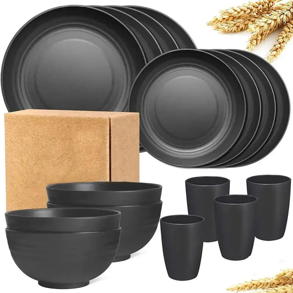 Aimall 16 Piece Wheat Straw Tableware Set, Black, shown in a real setting