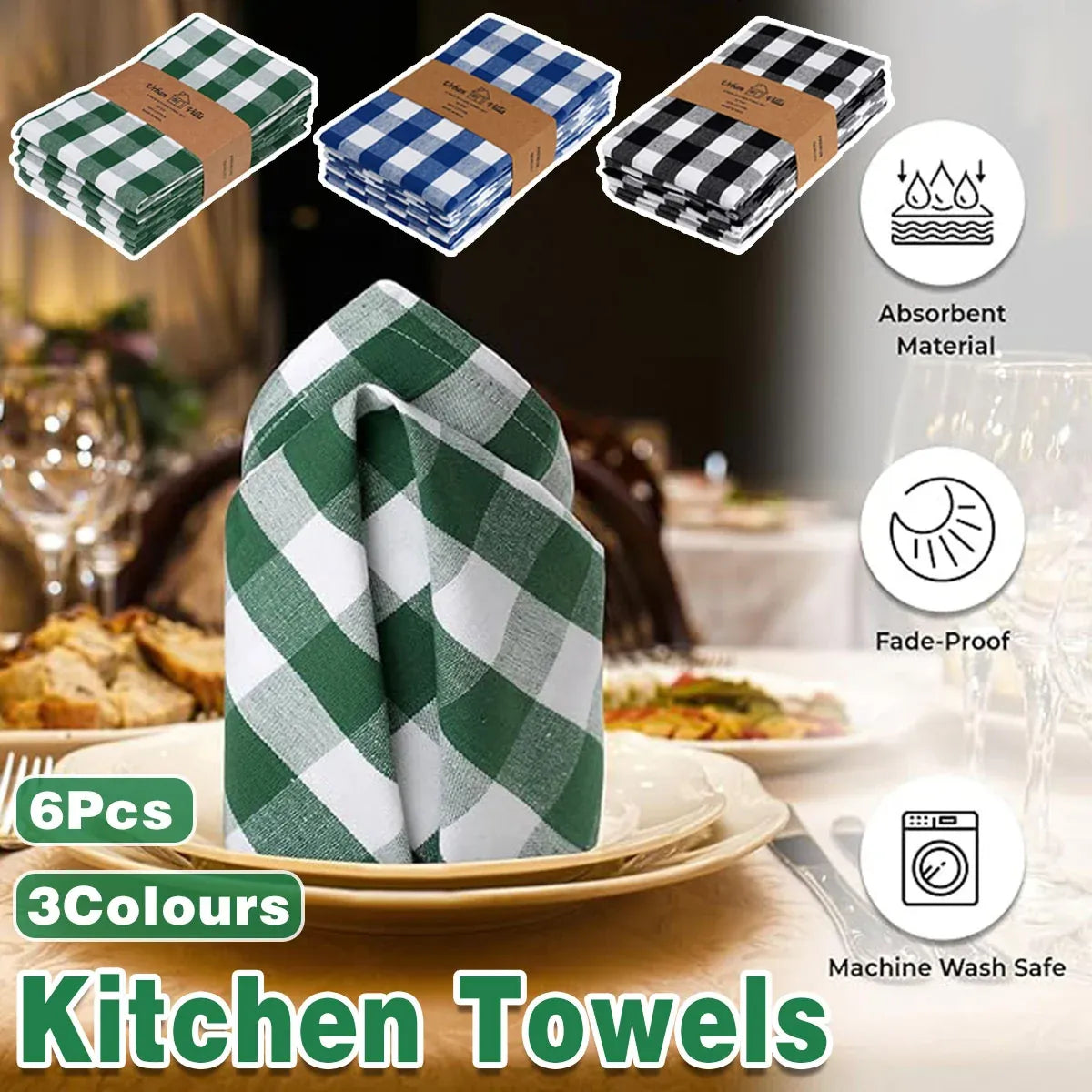 6PCS Checkered Kitchen Towels Dishwashing Cloths Cleaning Cloth Set