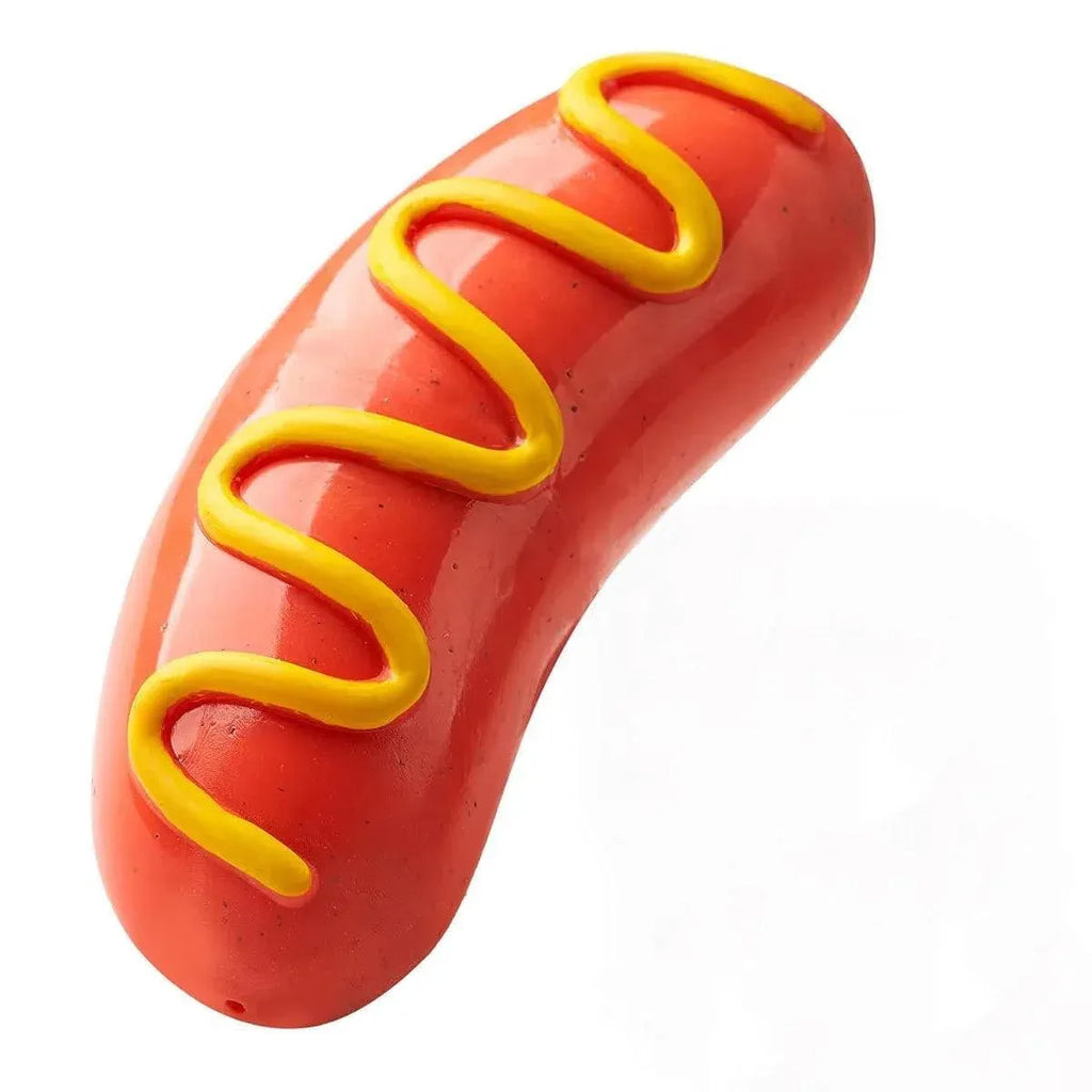 Baked Sausage Squeaky Dog Chew Toy, Bite Resistant, on a white background