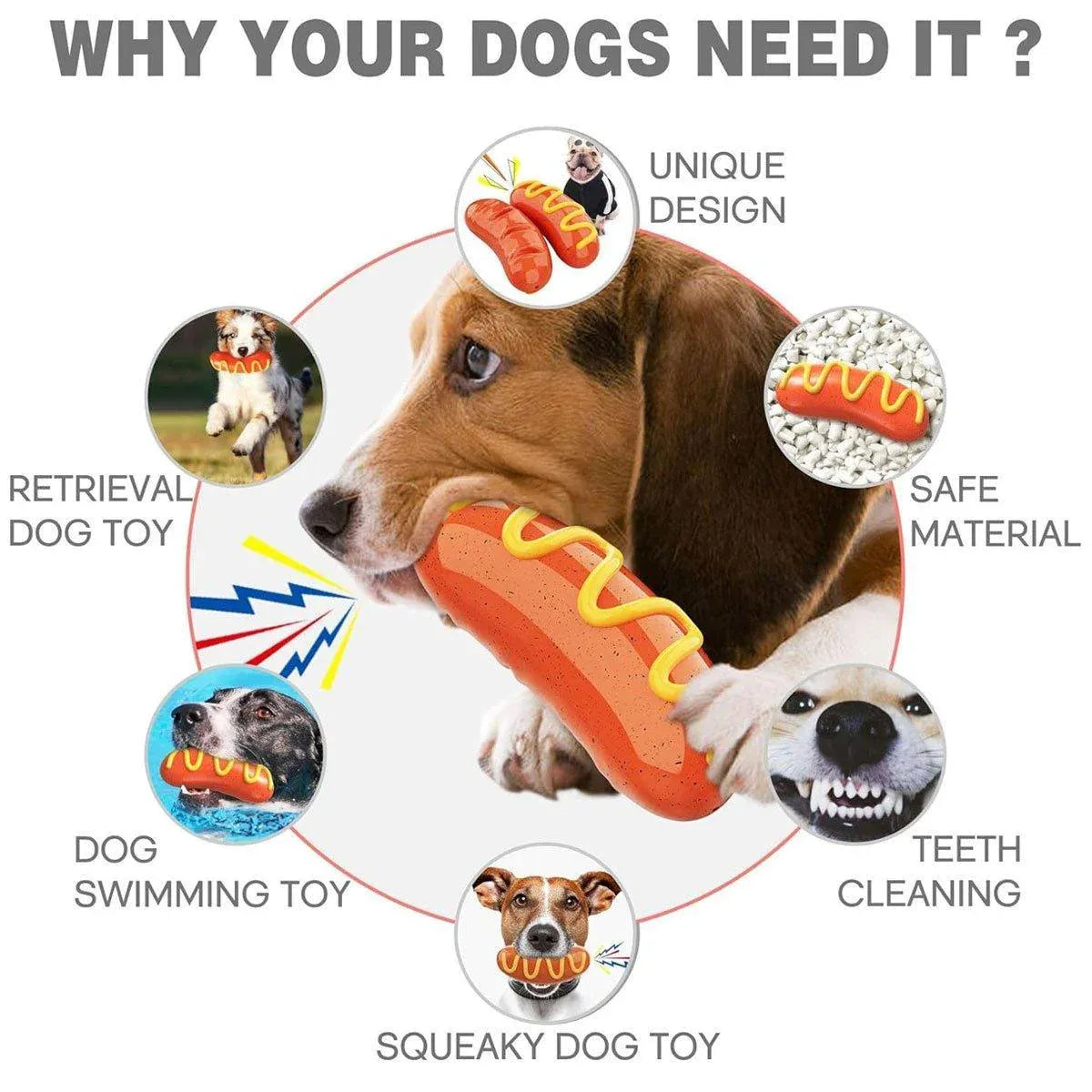 Baked Sausage Squeaky Dog Chew Toy, Bite Resistant, with its measurements marked