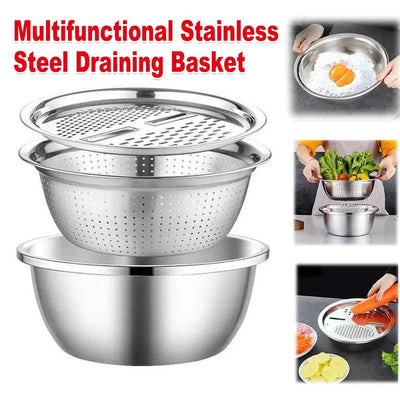 Stainless Steel 3-in-1 Colander Basin with Grater and Slicer, 25.5 cm