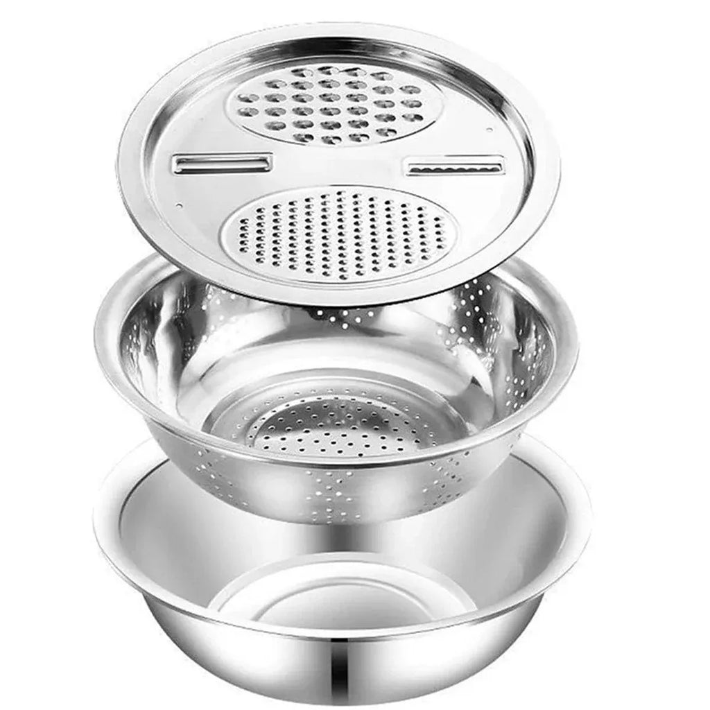 Stainless Steel 3-in-1 Colander Basin with Grater and Slicer, 25.5 cm