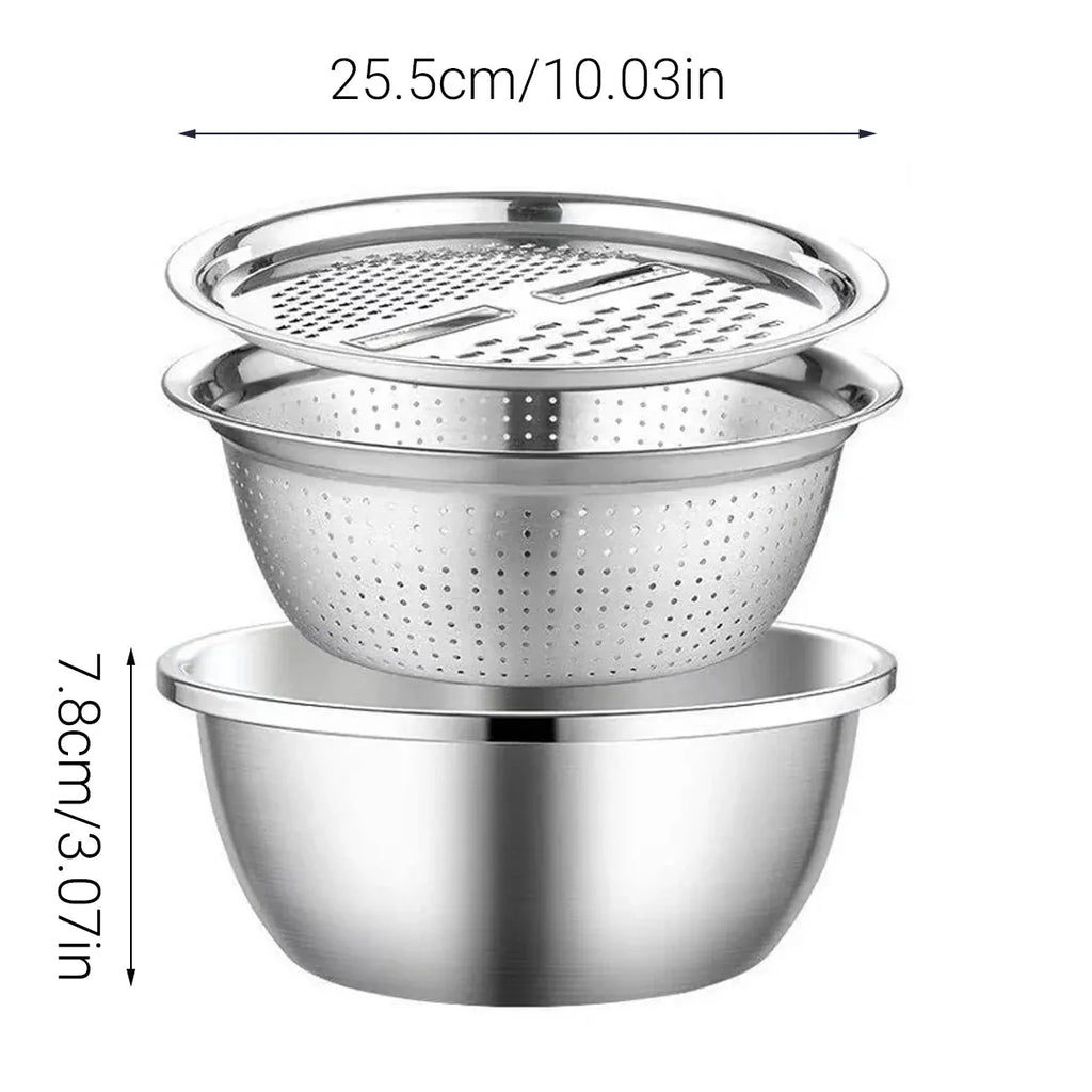 Stainless Steel 3-in-1 Colander Basin with Grater and Slicer, 25.5 cm
