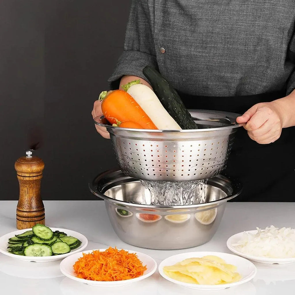 Stainless Steel 3-in-1 Colander Basin with Grater and Slicer, 25.5 cm