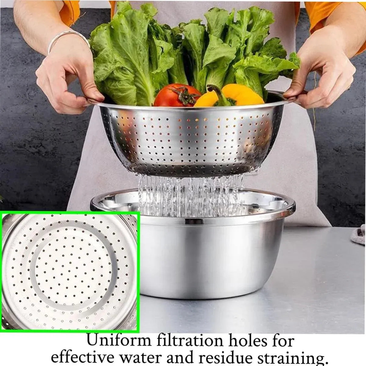 Stainless Steel 3-in-1 Colander Basin with Grater and Slicer, 25.5 cm