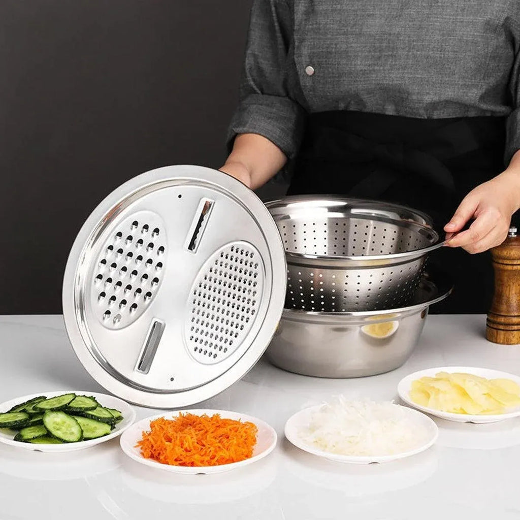 Stainless Steel 3-in-1 Colander Basin with Grater and Slicer, 25.5 cm