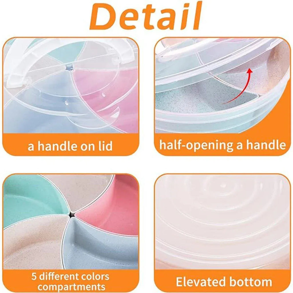 Clear Round Snack and Fruit Tray with Lid, 5 Compartments, 31 cm