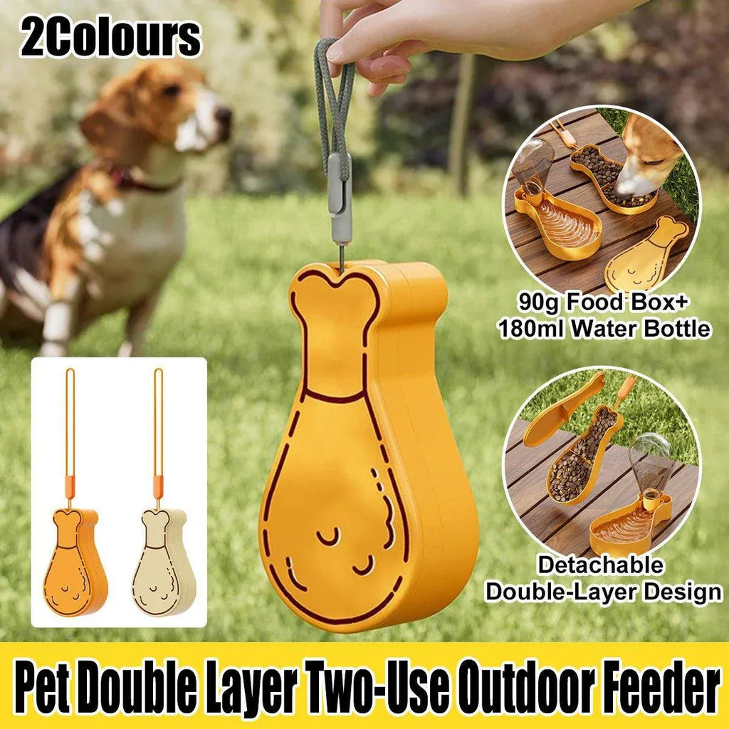 Aimall Dual Purpose Pet Water Bottle and Feeder, Orange or White, shown in a real setting