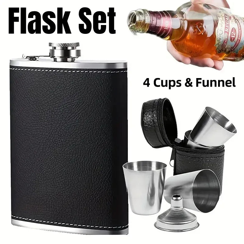 PU Leather Stainless Steel Hip Flask Set with 4 Cups, 8 oz