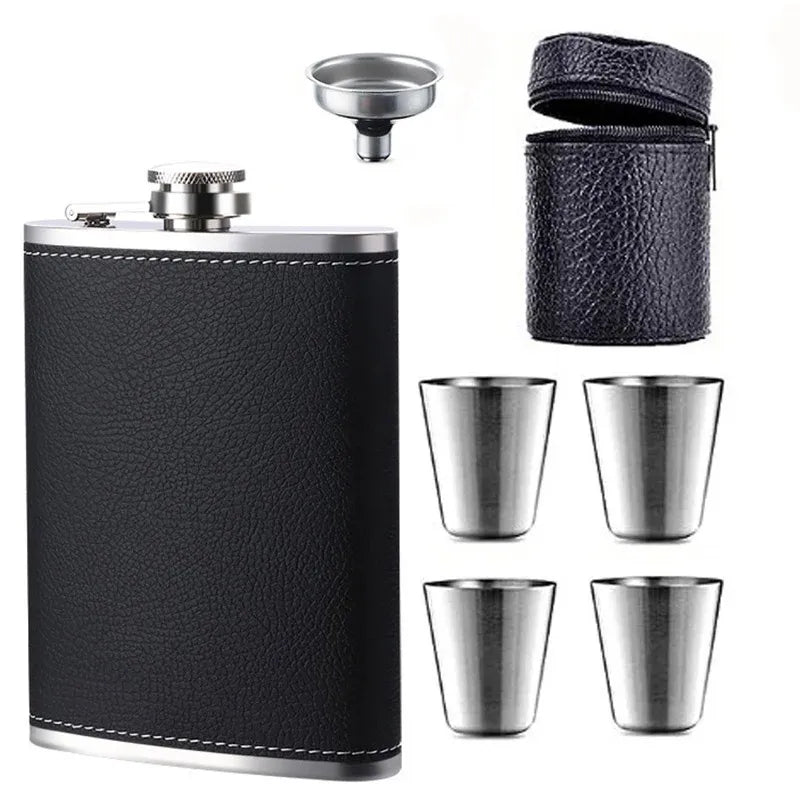 PU Leather Stainless Steel Hip Flask Set with 4 Cups, 8 oz