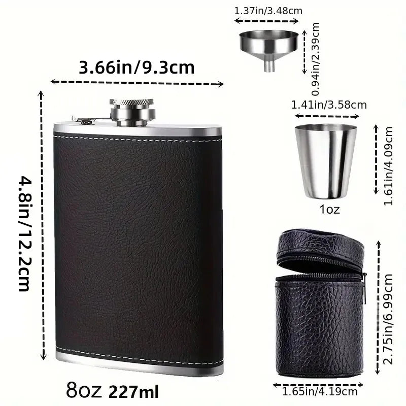 PU Leather Stainless Steel Hip Flask Set with 4 Cups, 8 oz