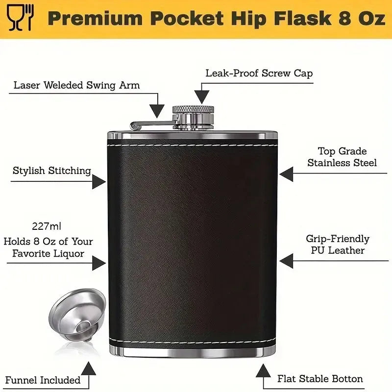 PU Leather Stainless Steel Hip Flask Set with 4 Cups, 8 oz