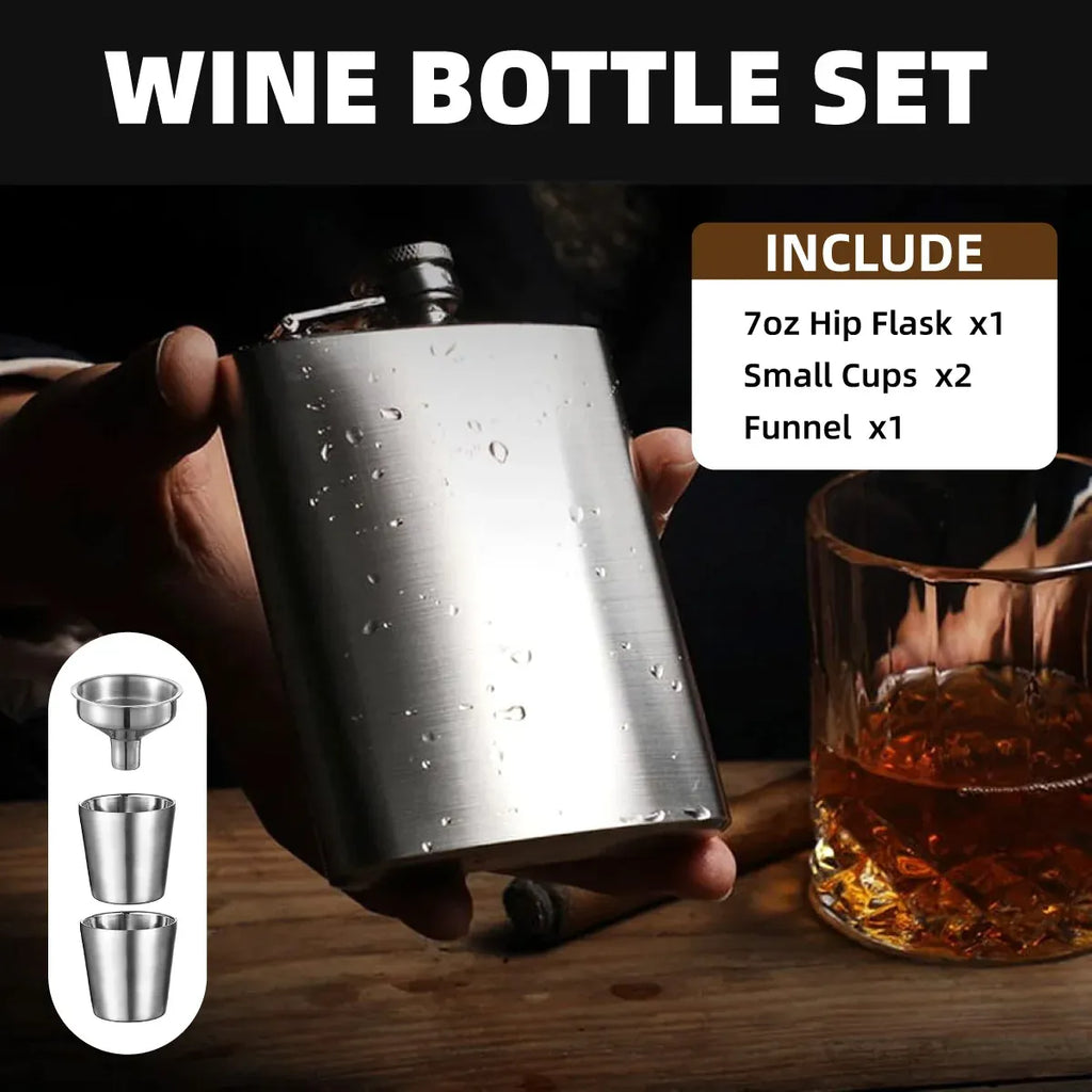 Stainless Steel Hip Flask Set with Funnel and 2 Cups, 207 ml