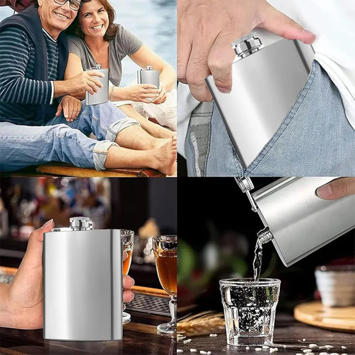 Stainless Steel Hip Flask Set with Funnel and 2 Cups, 207 ml