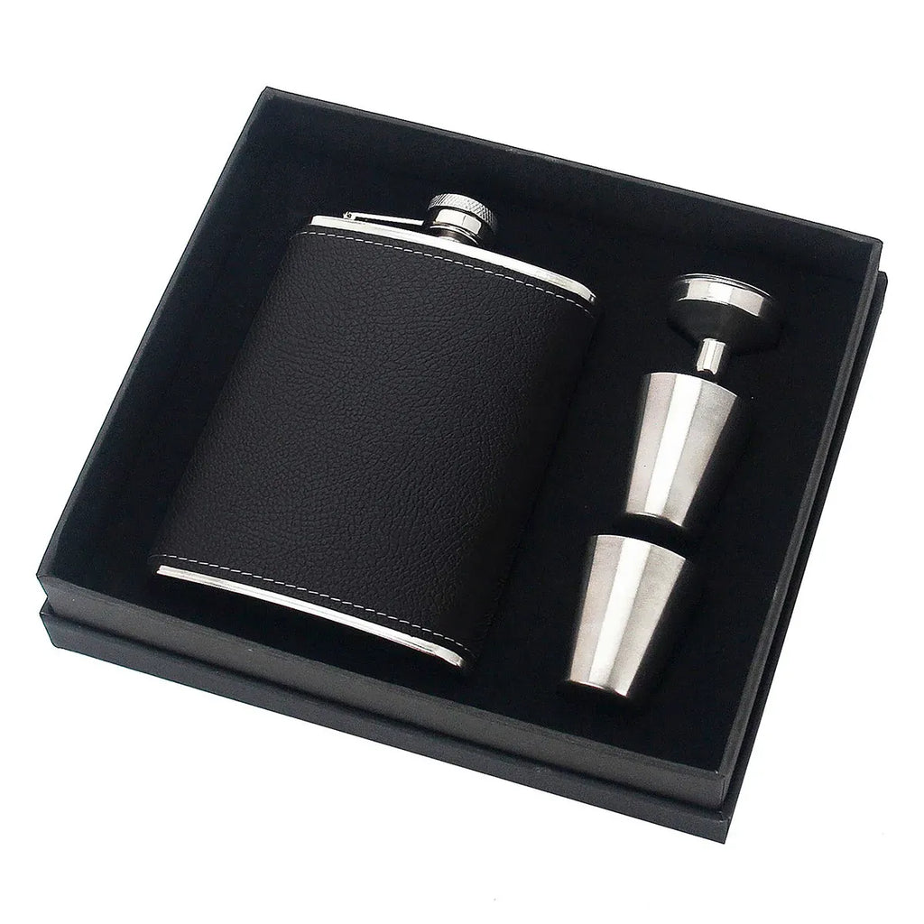 Stainless Steel Hip Flask Set with Shot Cups, Lychee Pattern, 236 ml