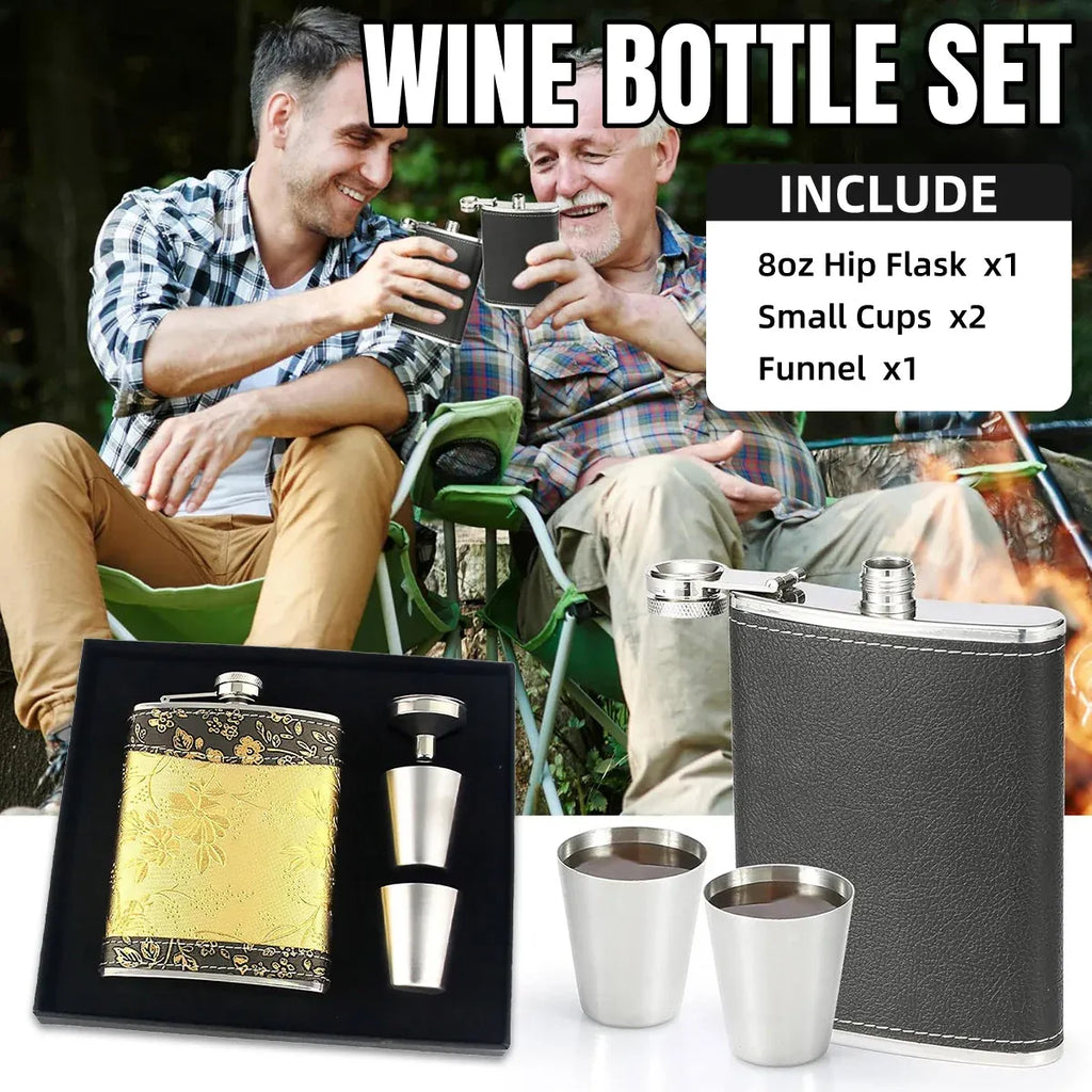 Stainless Steel Hip Flask Set with Shot Cups, Lychee Pattern, 236 ml