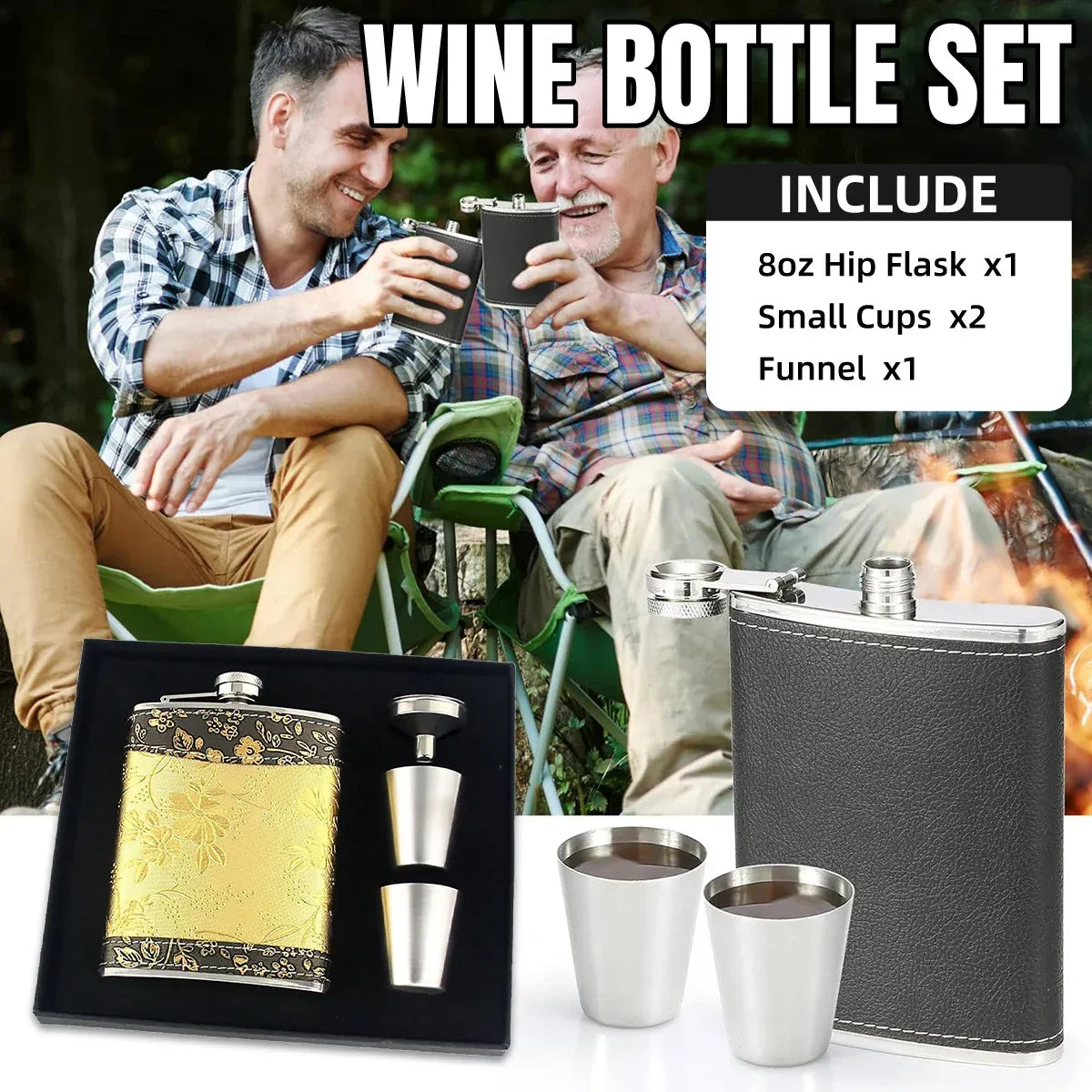 Stainless Steel Hip Flask Set with Shot Cups, Lychee Pattern, 236 ml