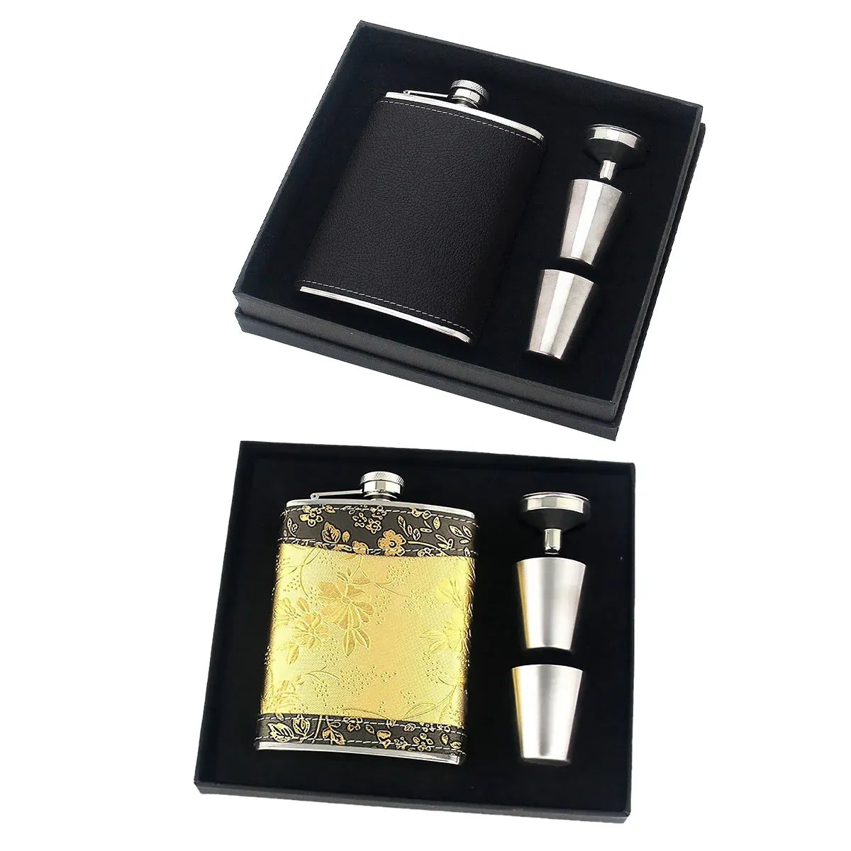 Stainless Steel Hip Flask Set with Shot Cups, Lychee Pattern, 236 ml