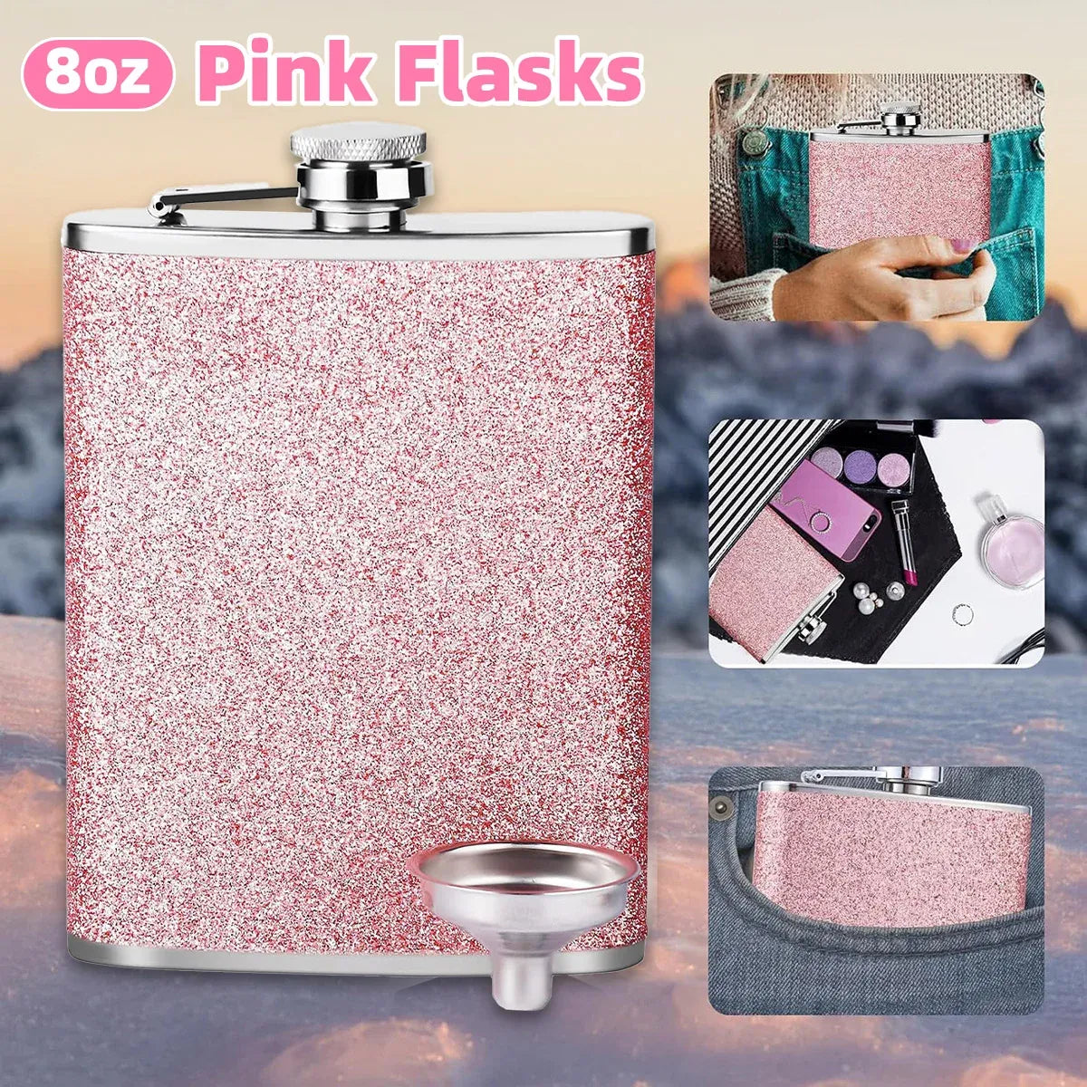 Glitter Pink Stainless Steel Hip Flask, 8 oz