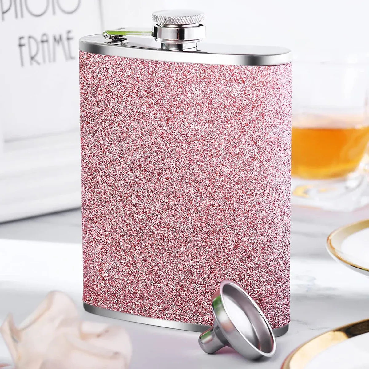 Glitter Pink Stainless Steel Hip Flask, 8 oz