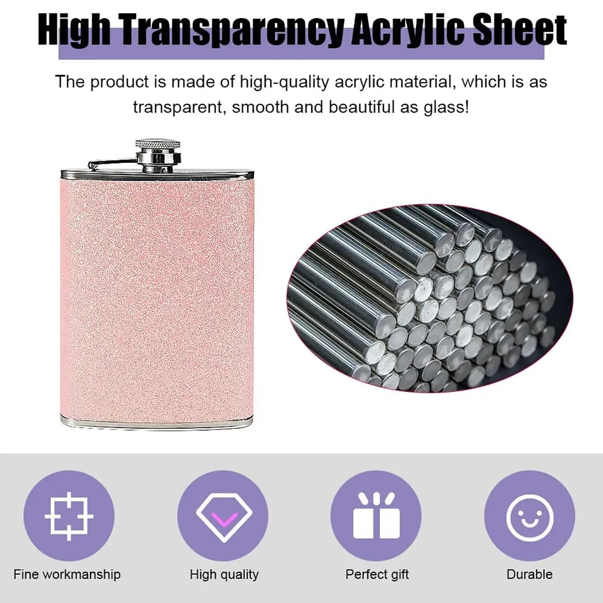 Glitter Pink Stainless Steel Hip Flask, 8 oz