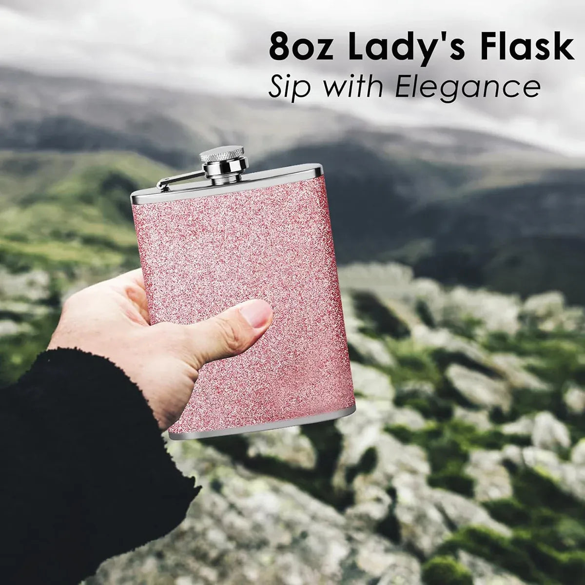 Glitter Pink Stainless Steel Hip Flask, 8 oz