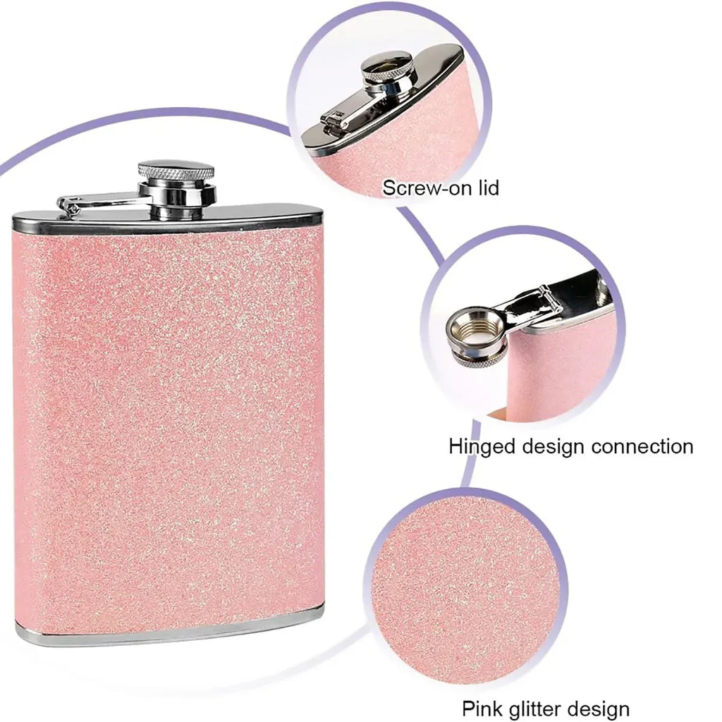 Glitter Pink Stainless Steel Hip Flask, 8 oz
