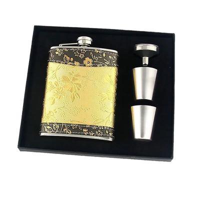 Stainless Steel Hip Flask Set with Shot Cups, Yellow Pattern, 236 ml