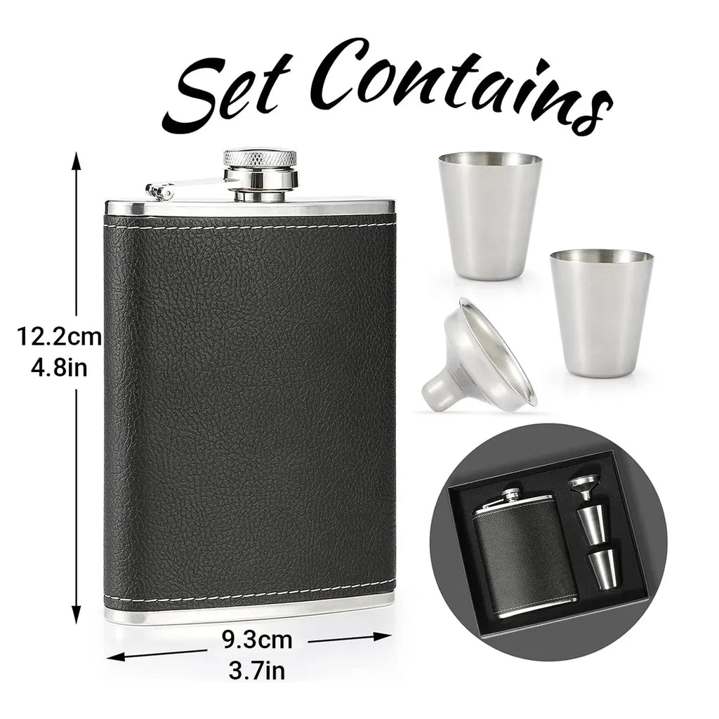 Stainless Steel Hip Flask Set with Shot Cups, Yellow Pattern, 236 ml