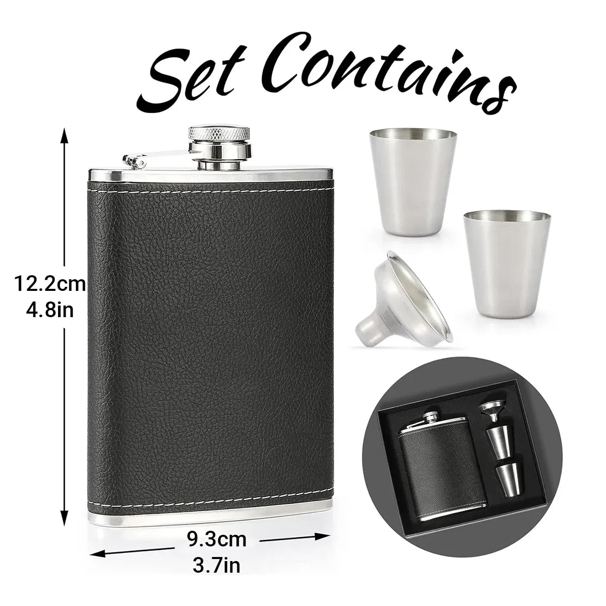 Stainless Steel Hip Flask Set with Shot Cups, Yellow Pattern, 236 ml