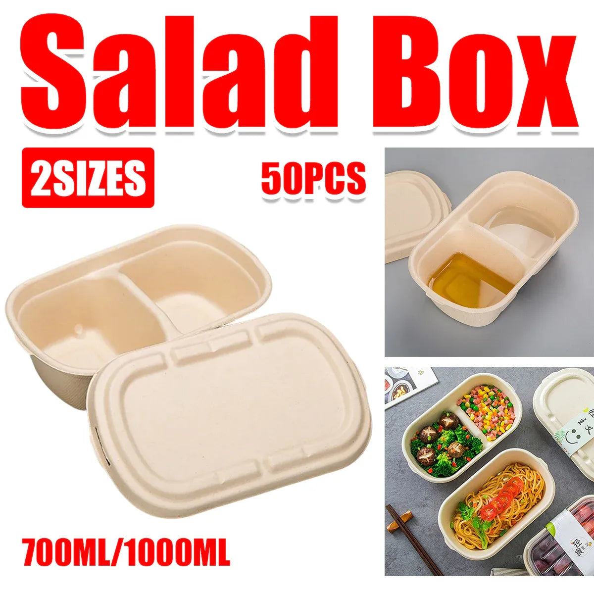 Two-Compartment Pulp Meal Boxes with Lids, 50 Pack