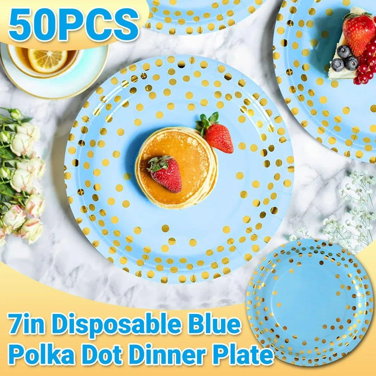 Blue and Gold Polka Dot Paper Dessert Plates, 17.8 cm, 50 Pack