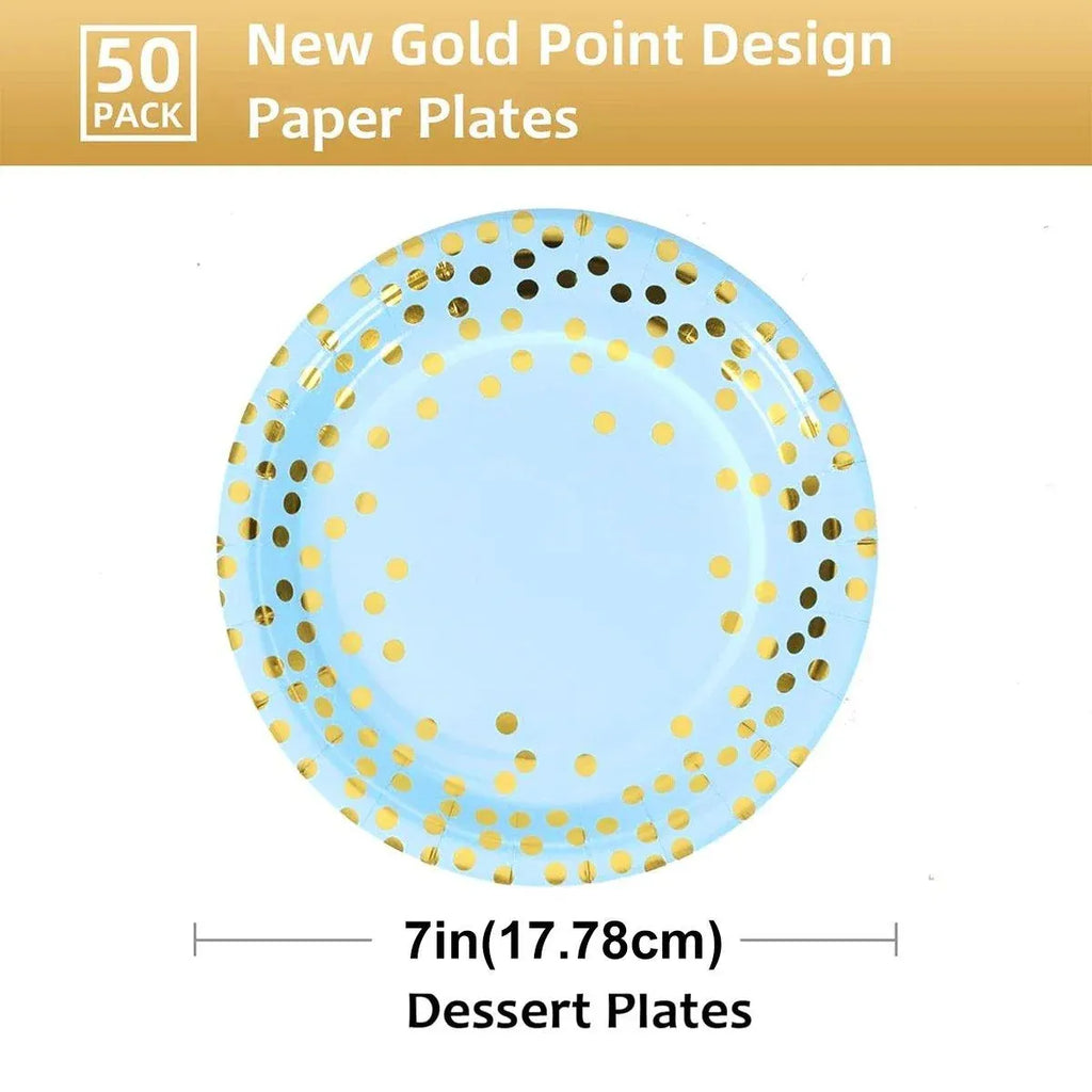Blue and Gold Polka Dot Paper Dessert Plates, 17.8 cm, 50 Pack