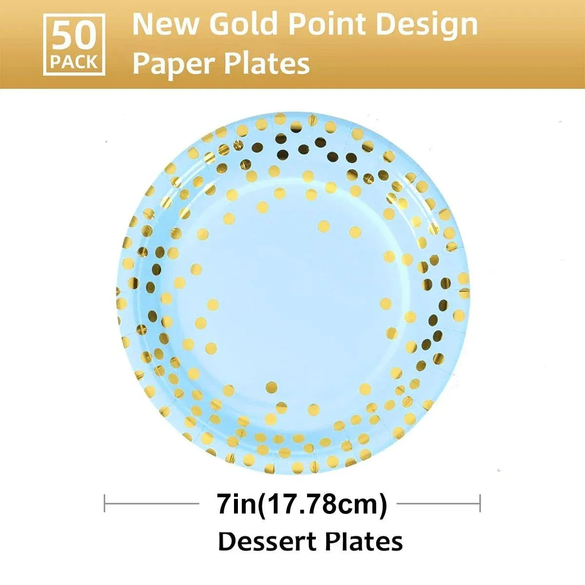 Blue and Gold Polka Dot Paper Dessert Plates, 17.8 cm, 50 Pack