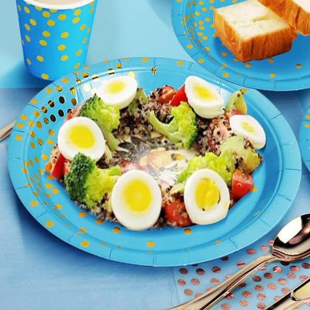 Blue and Gold Polka Dot Paper Dessert Plates, 17.8 cm, 50 Pack