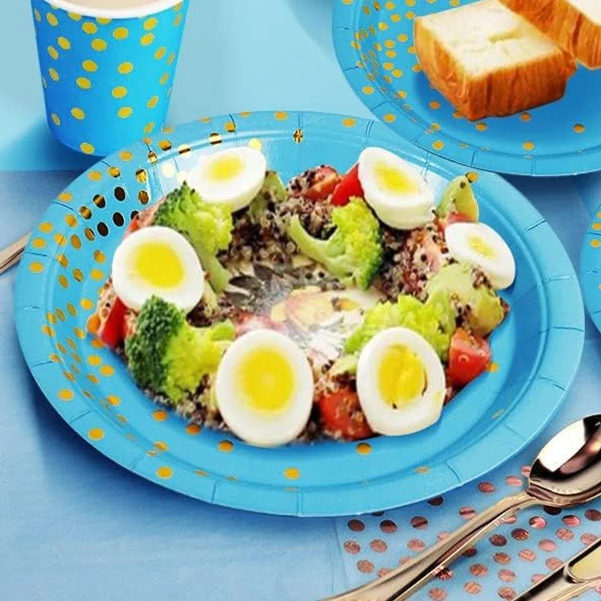 Blue and Gold Polka Dot Paper Dessert Plates, 17.8 cm, 50 Pack