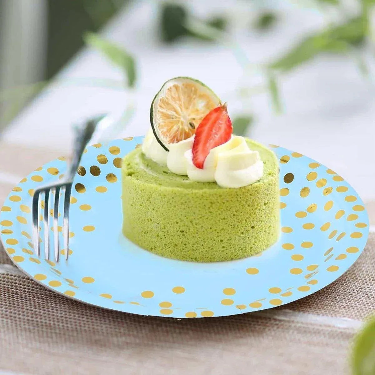 Blue and Gold Polka Dot Paper Dessert Plates, 17.8 cm, 50 Pack