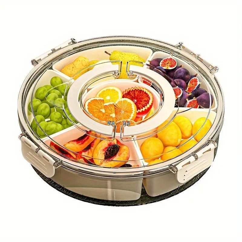 Six Compartment Rotary Fruit Plate Portable Round Snack Box with Lid