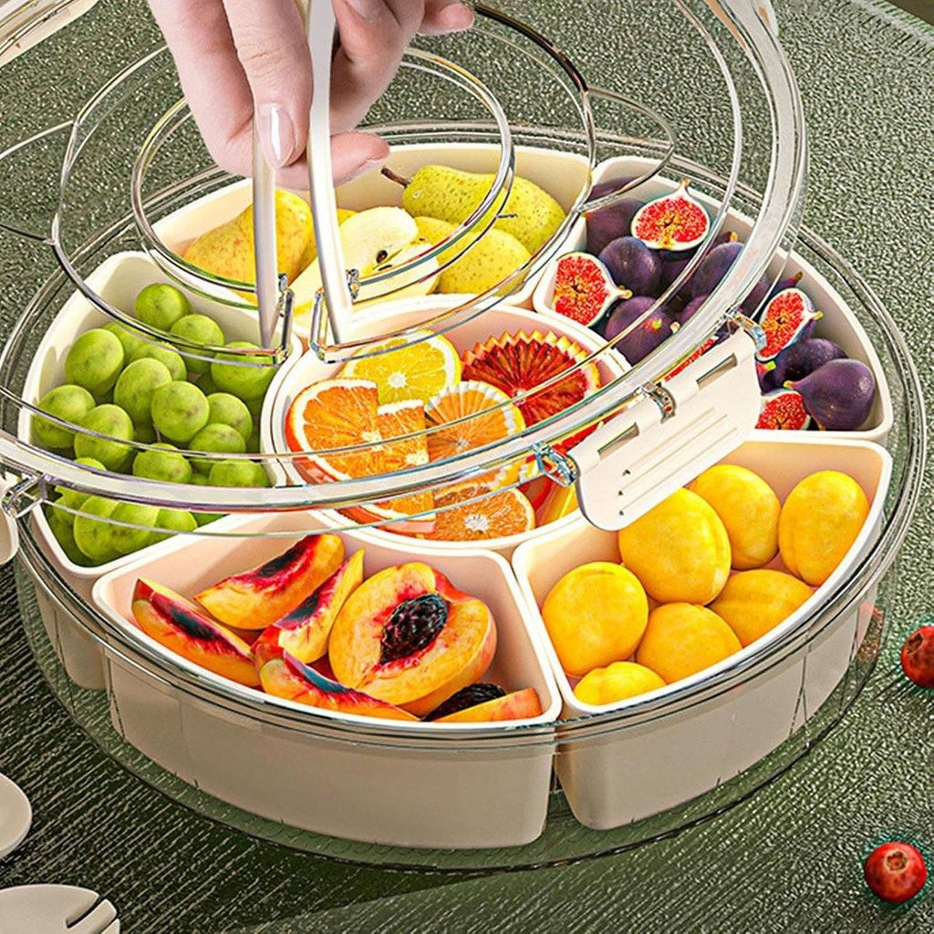Six Compartment Rotary Fruit Plate Portable Round Snack Box with Lid