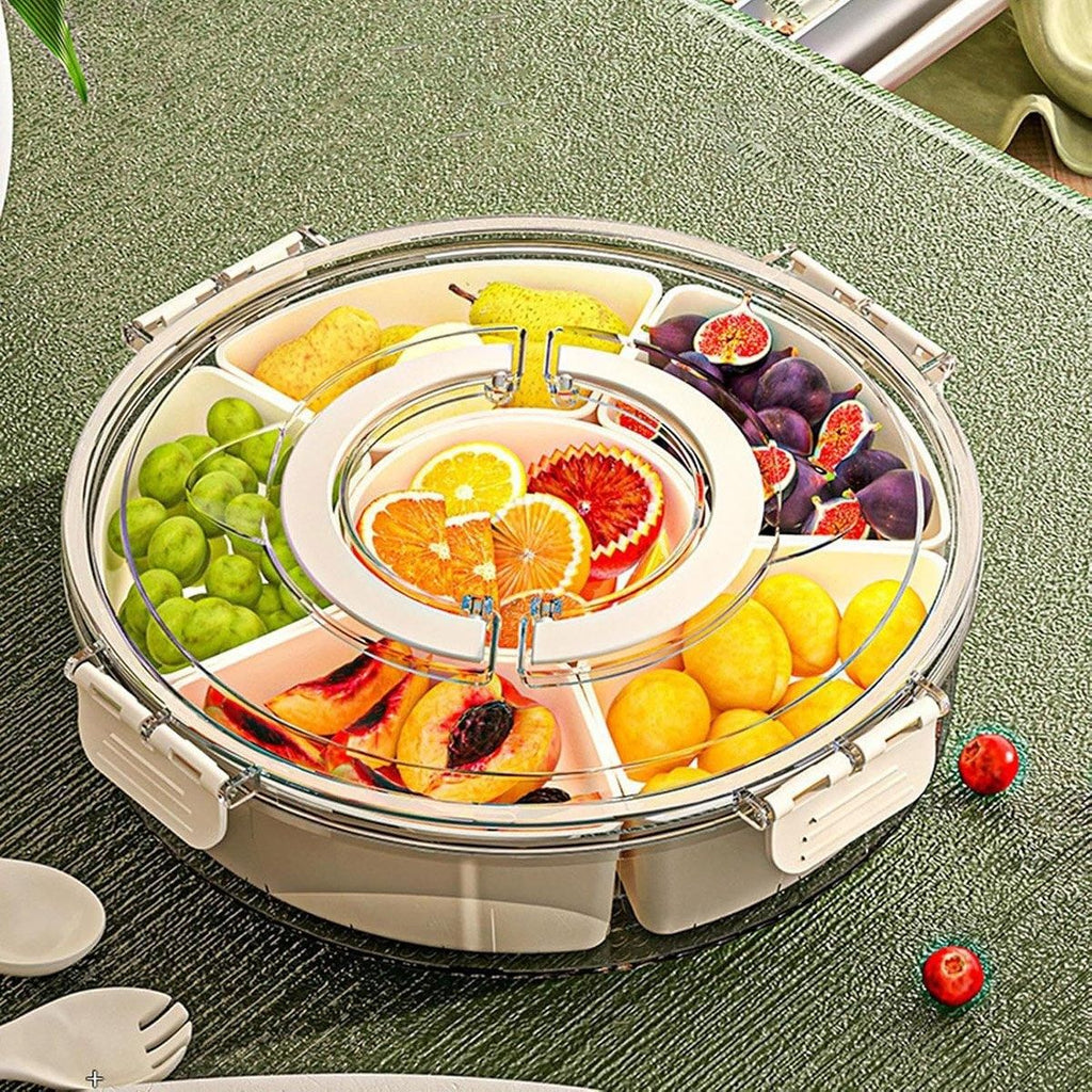 Six Compartment Rotary Fruit Plate Portable Round Snack Box with Lid