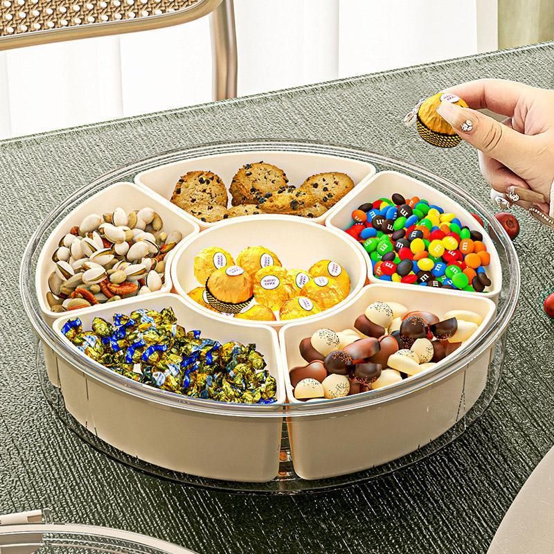 Six Compartment Rotary Fruit Plate Portable Round Snack Box with Lid