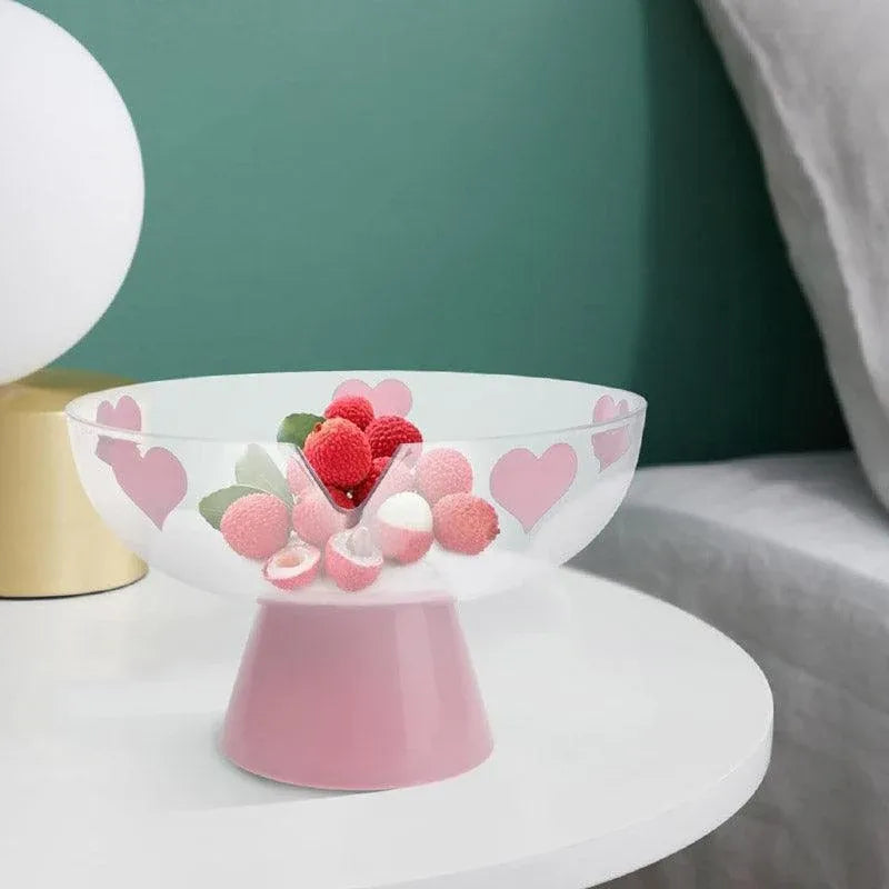 Clear Pedestal Fruit and Snack Bowl with Heart Pattern